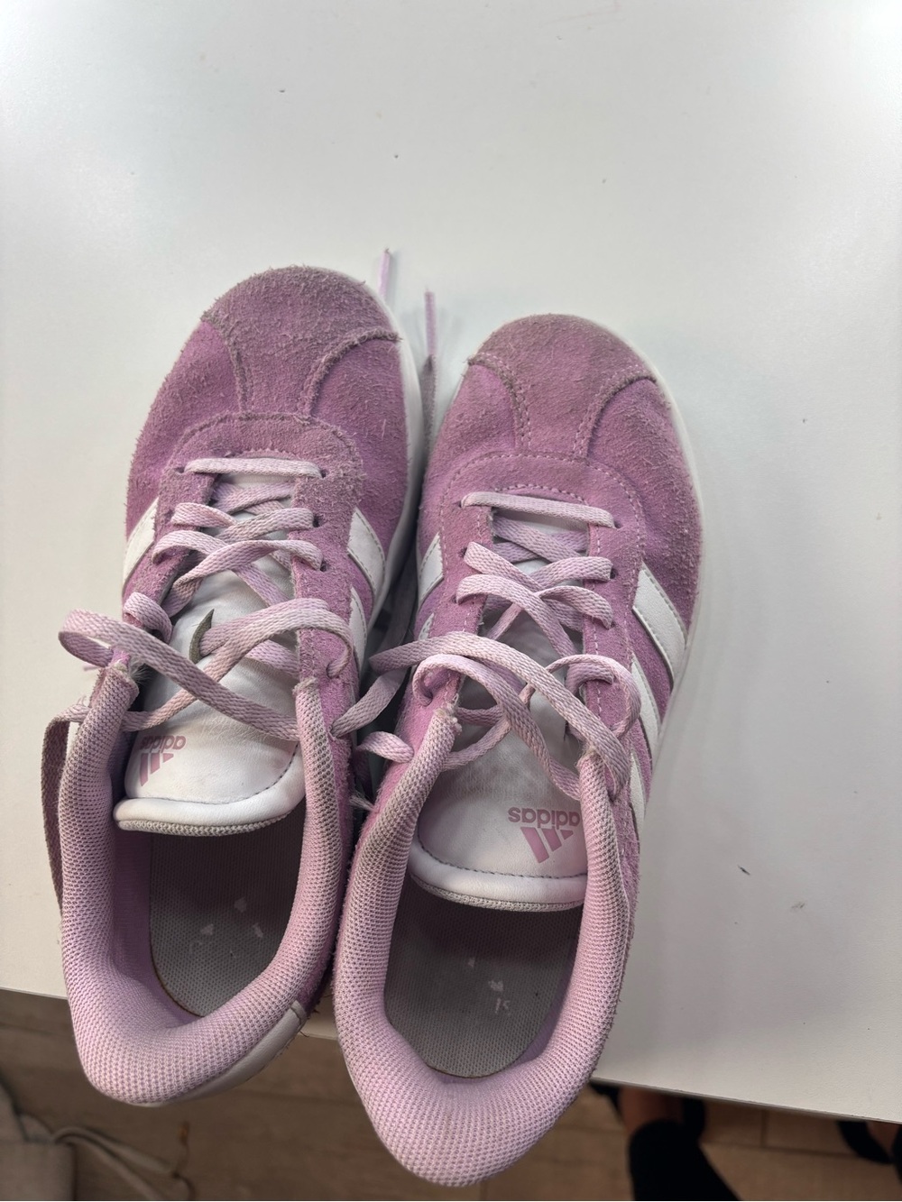 adidas Kids Light Pink Suede Sneakers with White Stripes